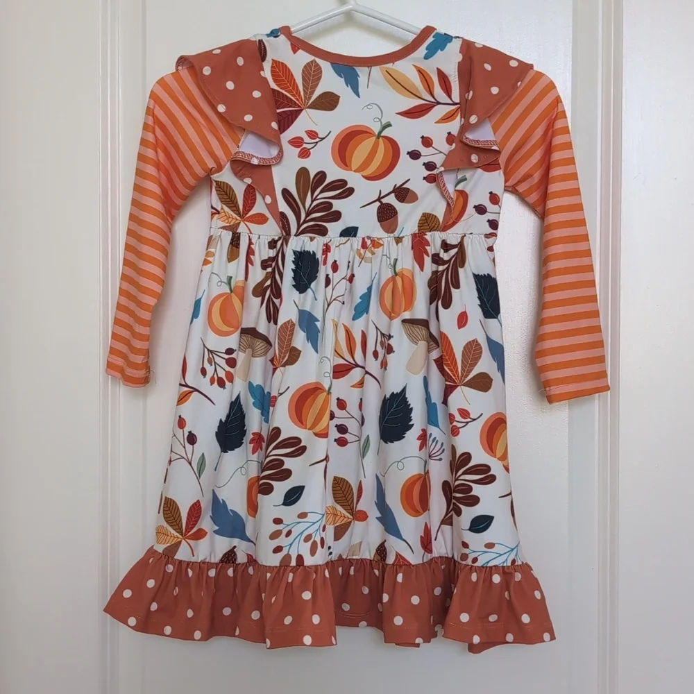 Millie Loves Lily Autum Stripe Floral Ruffle Sleeve Dress Girls 4